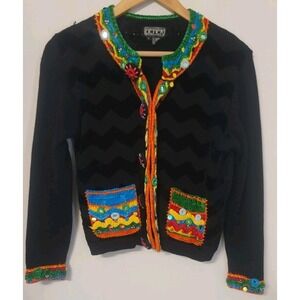 VTG Berek Sweater By Takako Sakon Women's Small Cardigan Colorful Button Festive